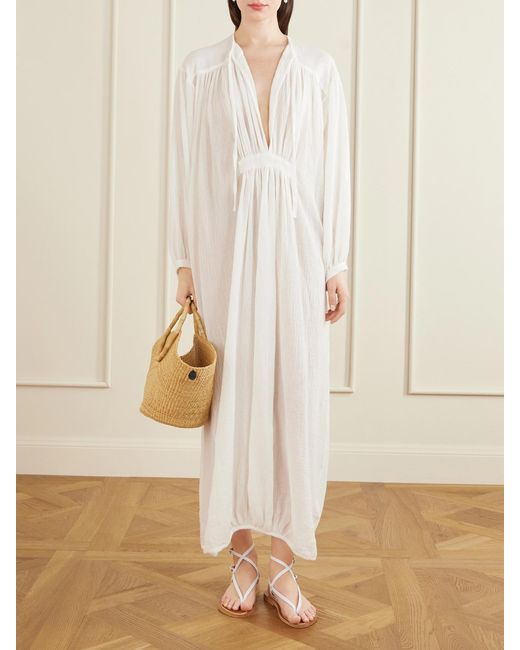 Les Vacances d'Irina White Hazy Gathered Cotton Maxi Dress