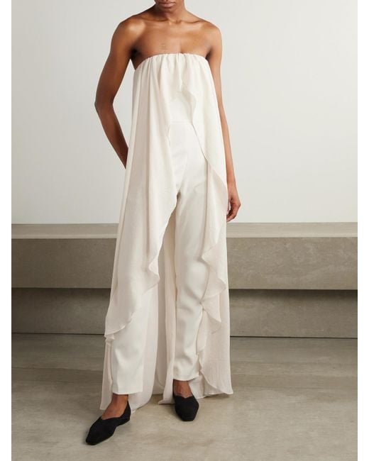Abadia White Liya Trägerloser Jumpsuit Aus Popeline Mit Cape-Effekt Und Chiffonbesatz