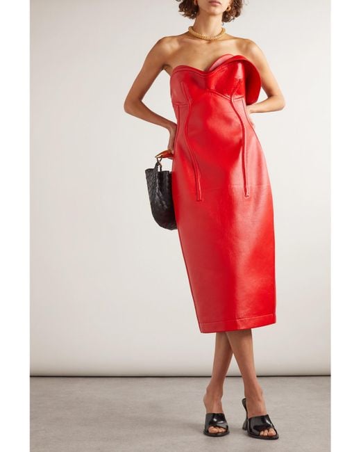 Bottega Veneta Strapless Layered Leather Midi Dress