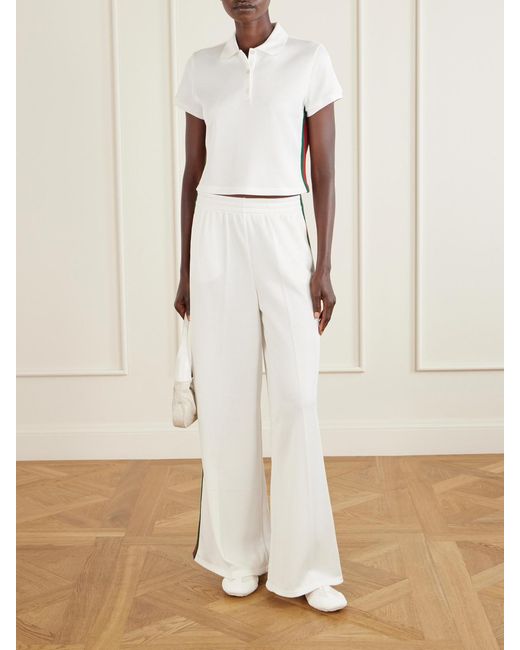 Gucci White Web-Trimmed Ribbed-Jersey Polo Shirt
