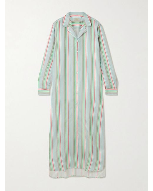 Comme Si Green Striped Silk-Twill Midi Shirt-Dress