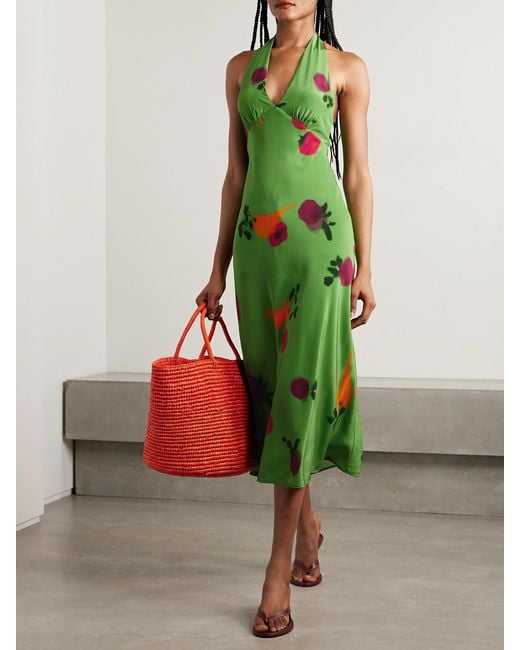 Staud Green Lucca Printed Silk-Crepe Halterneck Midi Dress