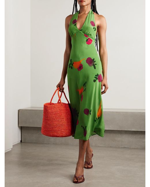 Staud Green Lucca Neckholder-Midikleid Aus Bedrucktem Seiden-Crêpe