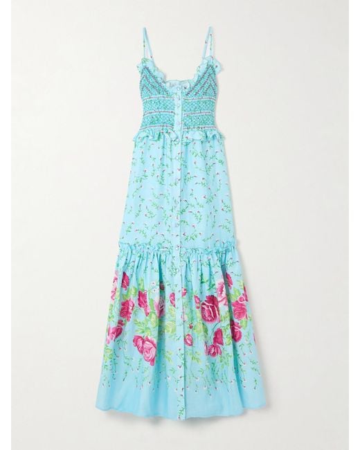 Loretta Caponi Blue Bianca Embroidered Smocked Ruffled Floral-Print Linen Maxi Dress