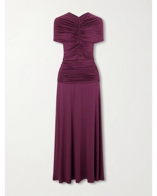 Self-Portrait Purple Gathered Jersey Maxi Dress