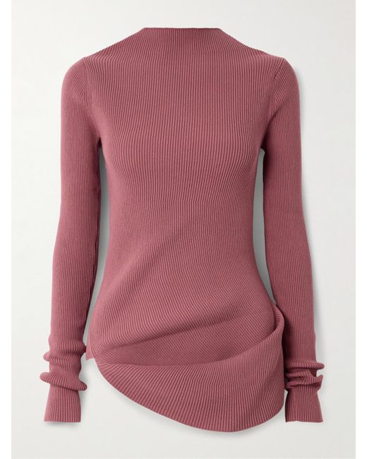 Rick Owens Pink Babel Asymmetric Ribbed-Knit Sweater
