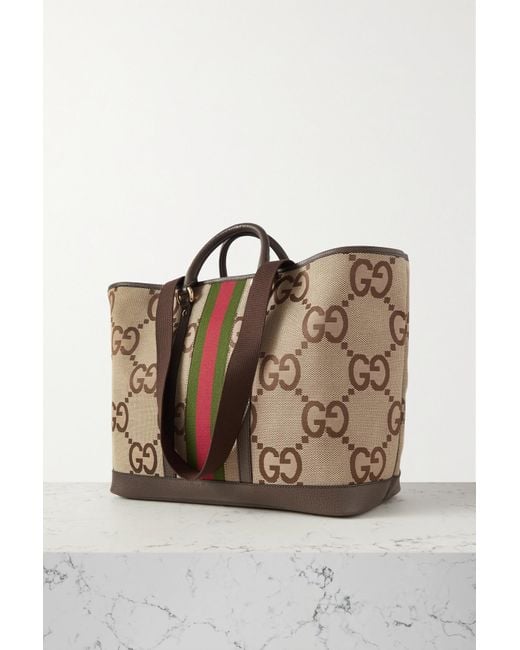Gucci Gg Jumbo Leather-trimmed Canvas-jacquard Tote in Brown