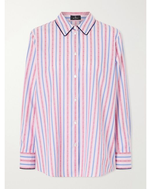 Etro Pink Striped Floral-Jacquard Cotton-Poplin Shirt