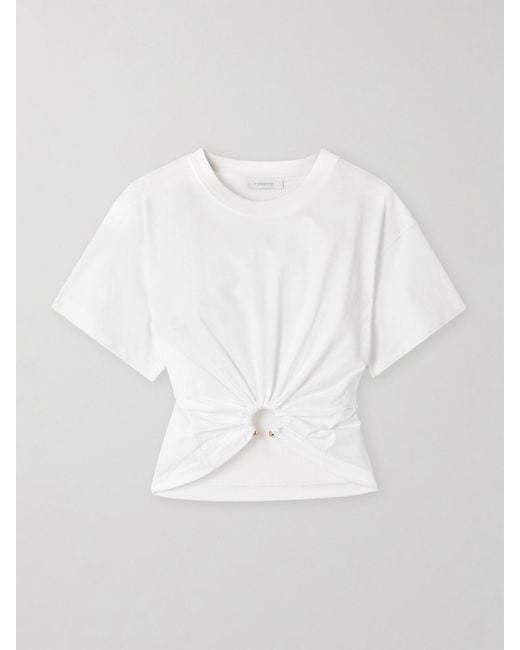 Rabanne White Cropped Embellished Gathered Cotton-Jersey T-Shirt