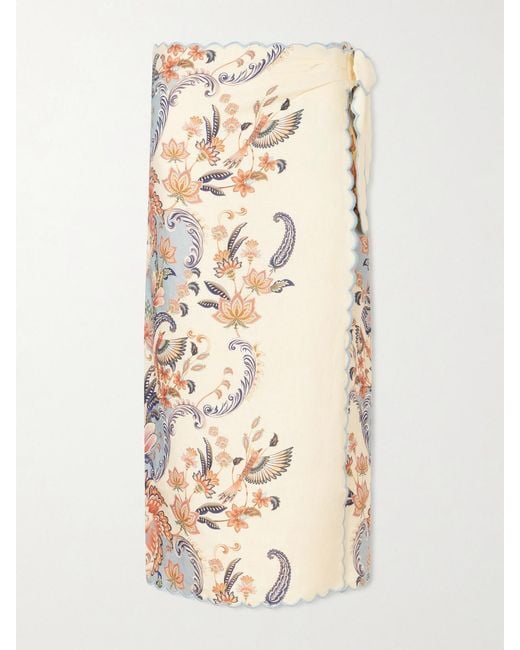 Farm Rio Natural Scalloped Printed Linen Wrap Midi Skirt
