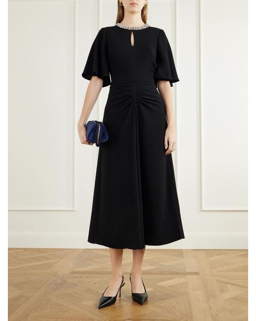Rebecca Vallance Black Noemie Crystal-Embellished Draped Crepe Midi Dress
