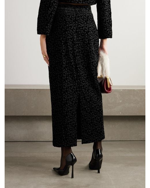 Saloni Black Nat Satin-Trimmed Embroidered Velvet Midi Skirt