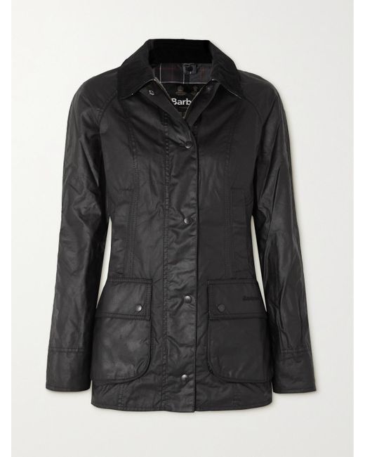 Barbour Black Beadnell Corduroy-Trimmed Waxed-Cotton Jacket