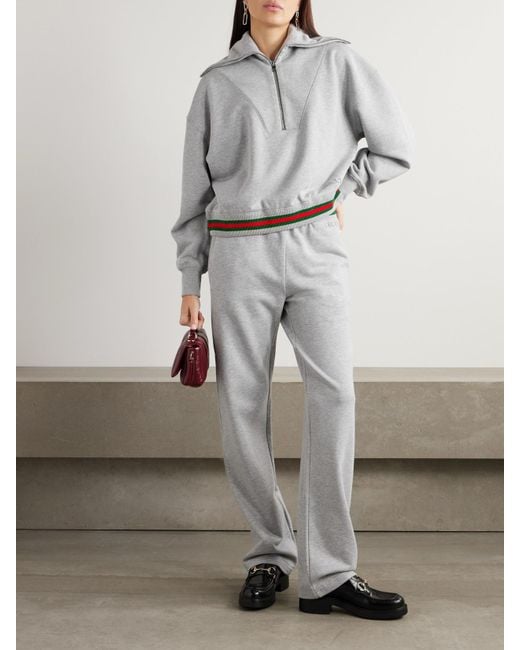 Gucci Gray Appliquéd Striped Cotton-Jersey Half-Zip Sweatshirt