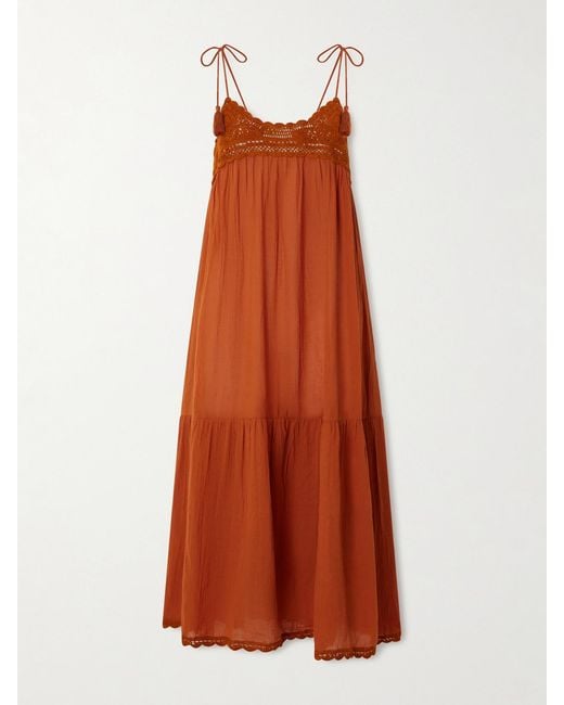Ulla Johnson Orange Linnea Tasseled Crochet-Trimmed Cotton Midi Dress