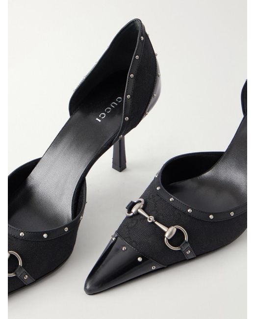 Gucci Black Horsebit-Embellished Leather-Trimmed Gg-Jacquard Pumps