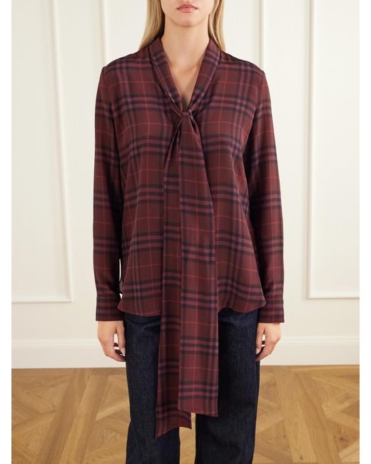Burberry Purple Rhiannon Pussy-Bow Checked Silk-Crepe Blouse