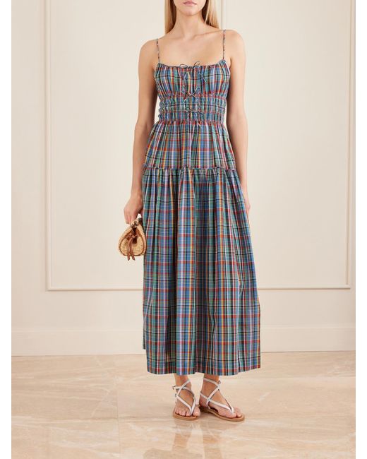 Doen Blue Brielle Gathered Checked Organic Cotton Midi Dress