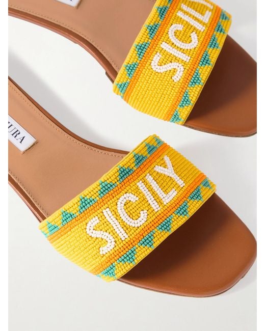 Aquazzura Brown Sicily Beaded Leather Slides