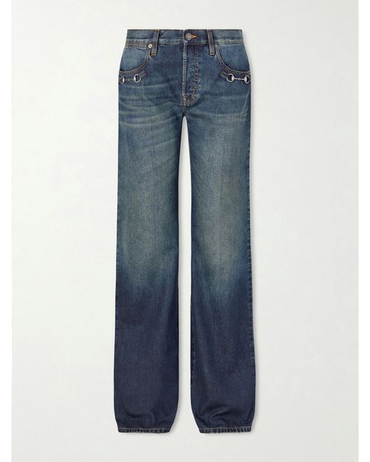 Gucci Blue Horsebit-Embellished Mid-Rise Wide-Leg Jeans