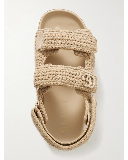Gucci Natural New Marmont Plateausandalen Aus Gehäkelter Baumwolle Mit Lederbesätzen Und Verzierung