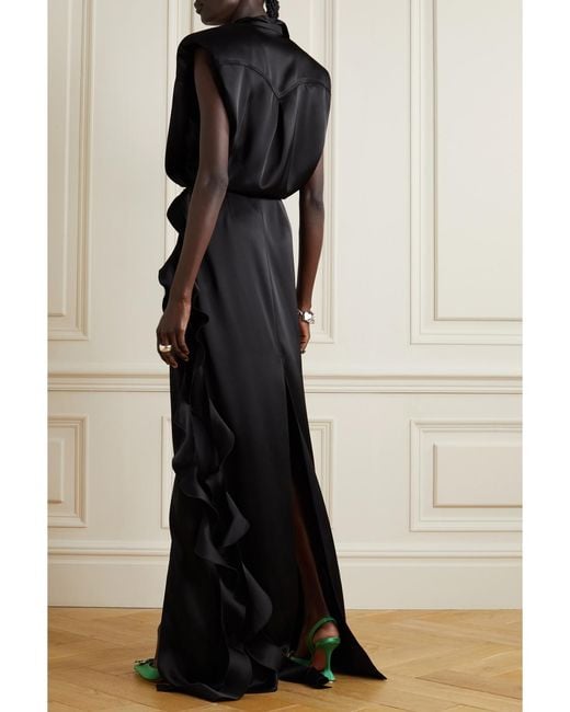 David Koma Black Wickelrobe Aus Satin Mit Rüschen