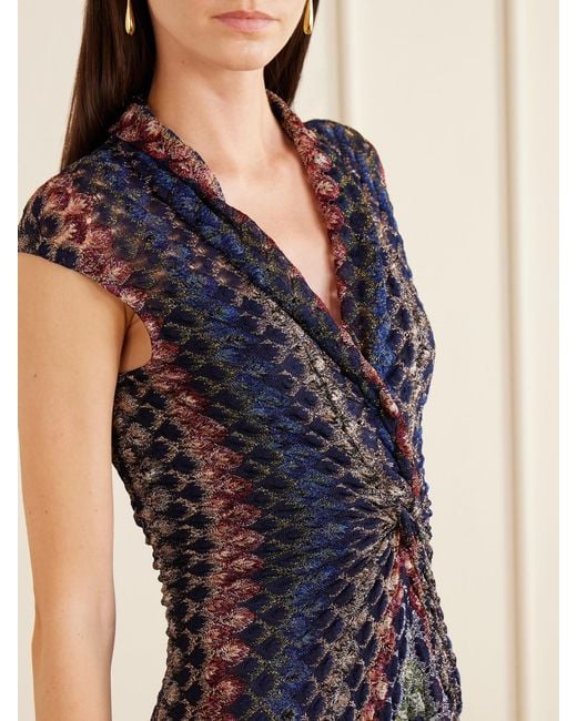 Missoni Blue Gathered Striped Crochet-Knit Maxi Dress