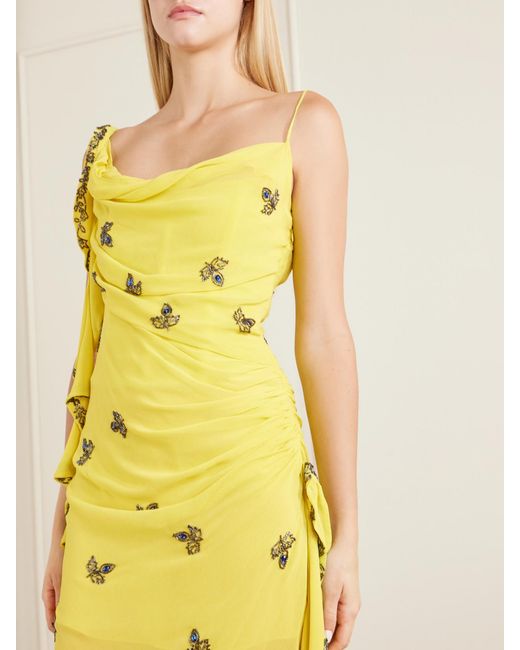 Clio Peppiatt Yellow Isola Asymmetric Gathered Embellished Chiffon Mini Dress