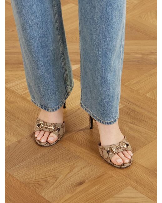 Gucci Natural Horsebit-Embellished Canvas-Jacquard Mules
