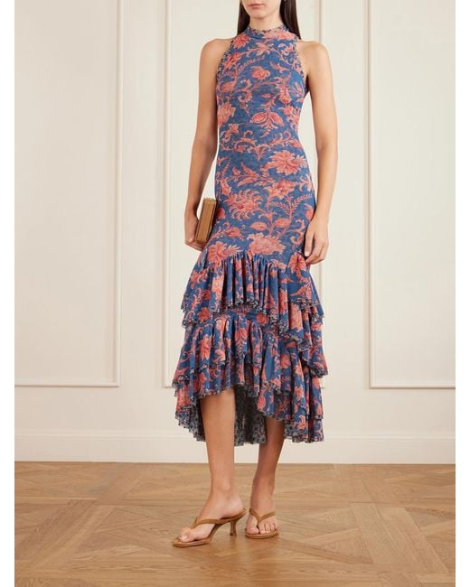 Etro White Ruffled Paisley-Print Tulle Midi Dress