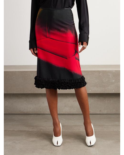 Jil Sander Red Ruffled Printed Satin Midi Skirt
