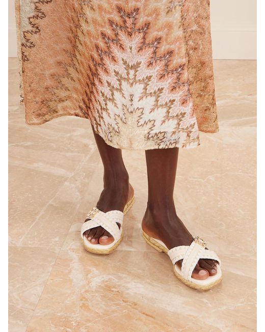 Roger Vivier Natural Strass Crystal-Embellished Leather-Trimmed Raffia Slides