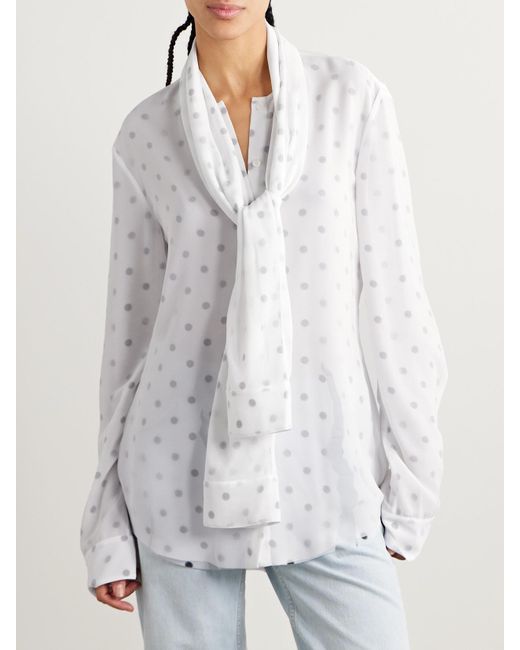 Acne White Layered Tie-Neck Distressed Polka-Dot Georgette Blouse