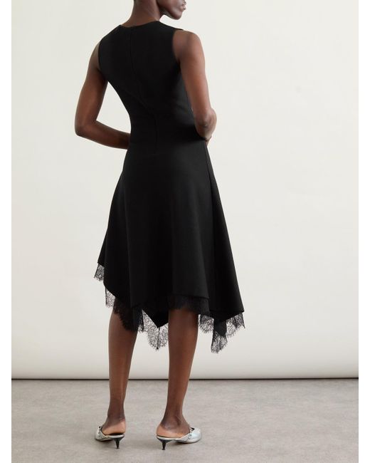 Alexander McQueen Black Asymmetric Lace-Trimmed Woven Midi Dress