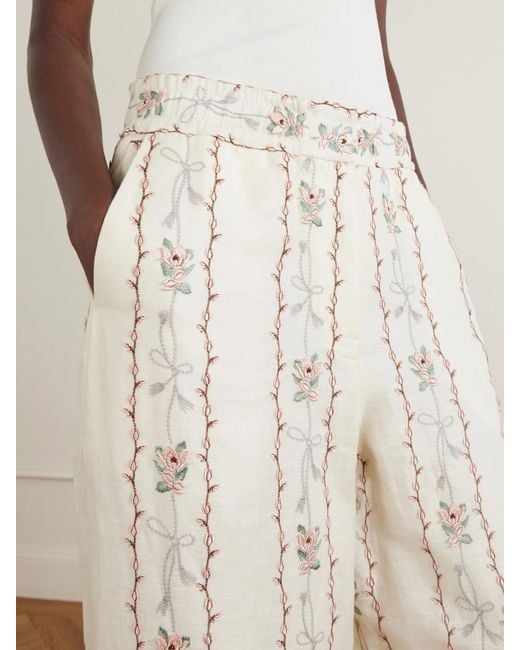 Agua Bendita White Tota Navegante Floral-Embroidered Linen Wide-Leg Pants