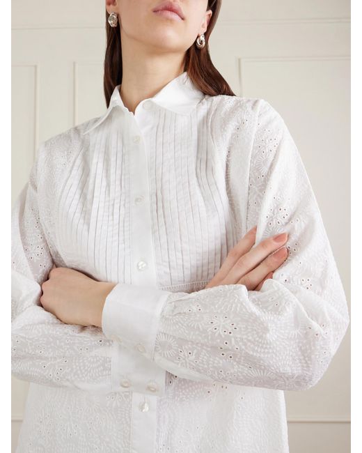 Loretta Caponi White Arabelle Pleated Broderie Anglaise Cotton Shirt