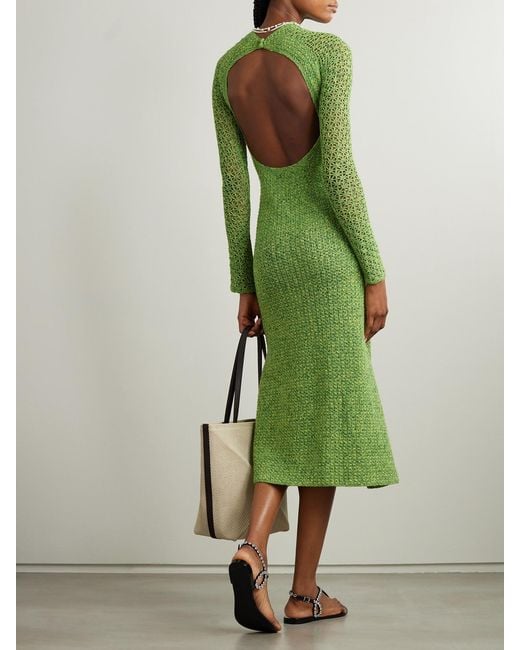 Escvdo Green Open-Back Crocheted Cotton Midi Dress