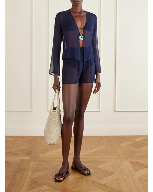 SARA CRISTINA Blue Nerea Pearl-Embellished Silk-Chiffon Blouse