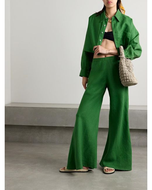 Suzie Kondi Green Aensi Linen Wide-Leg Pants