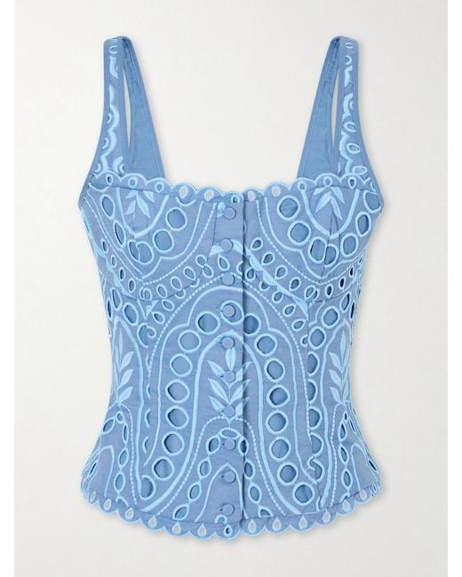 Charo Ruiz Blue Nereus Cropped Broderie Anglaise Cotton-Blend Top