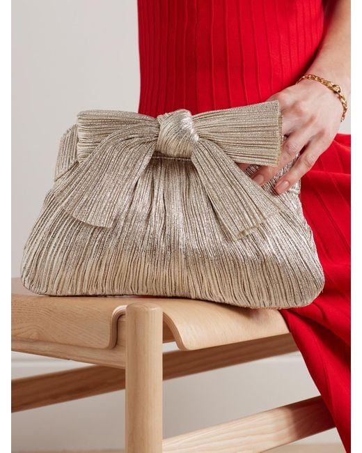 Loeffler Randall Natural Rayne Bow-Embellished Plissé-Lamé Clutch