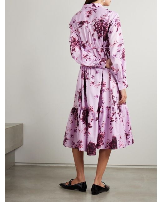 Erdem Purple Belted Tiered Floral-Print Cotton Midi Dress