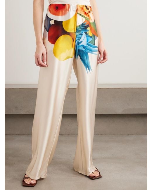 Donde Esteban White Salpicon Printed Silk-Blend Wide-Leg Pants