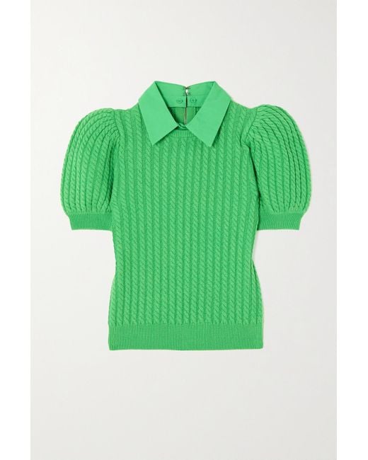 Alice + Olivia Chase Poplintrimmed Cableknit Sweater in Green Lyst