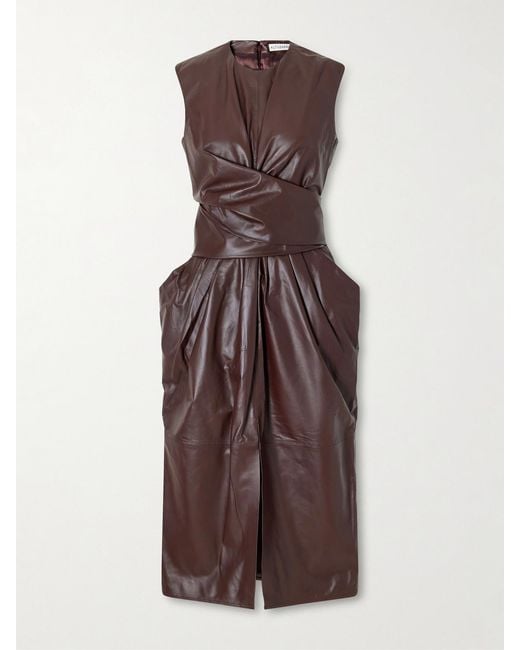 Altuzarra Brown Tippi Gathered Tie-Detailed Leather Midi Dress