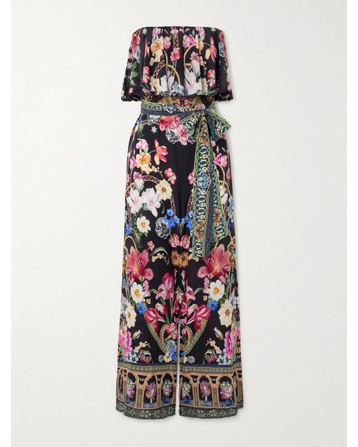 Camilla White Strapless Embellished Printed Silk Crepe De Chine Jumpsuit