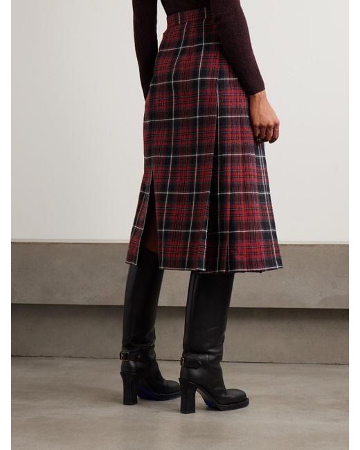 Burberry Red Buckled Pleated Checked Woven Midi Skirt