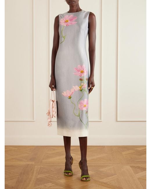 Oscar de la Renta White Floral-Print Satin Midi Dress