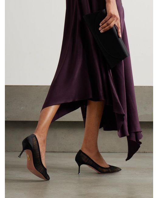 Aquazzura Gray 65 Satin-Trimmed Ruched Tulle Point-Toe Pumps