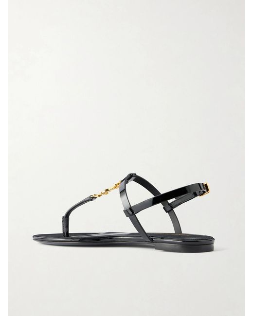 Saint Laurent Black Cassandre Logo-Embellished Patent Leather Sandals